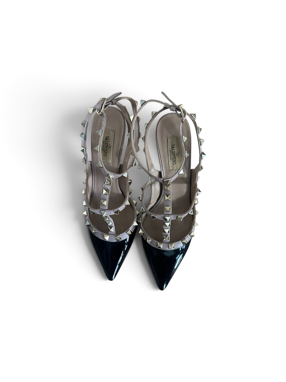 Valentino Garavani Black Patent Pointed-Toe Rockstud T-Strap Pumps